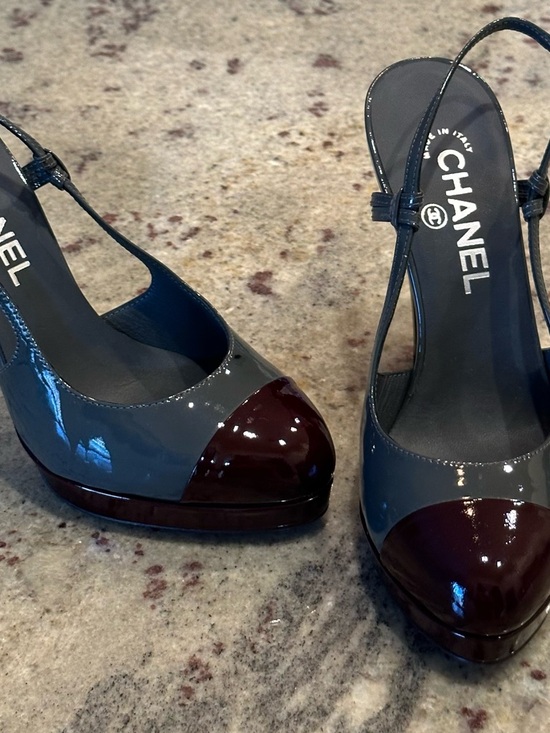 CHANEL Shoes - CHANEL Two-Tone Patent Leather Slingback Heels in Gray and Burgundy